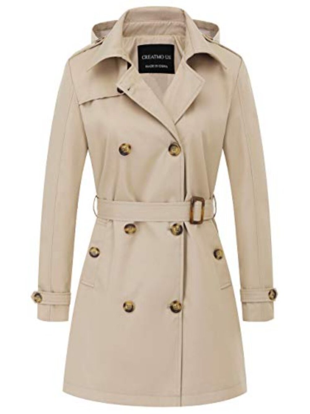 Women's Double-Breasted Trench Coat with Detachable Hood